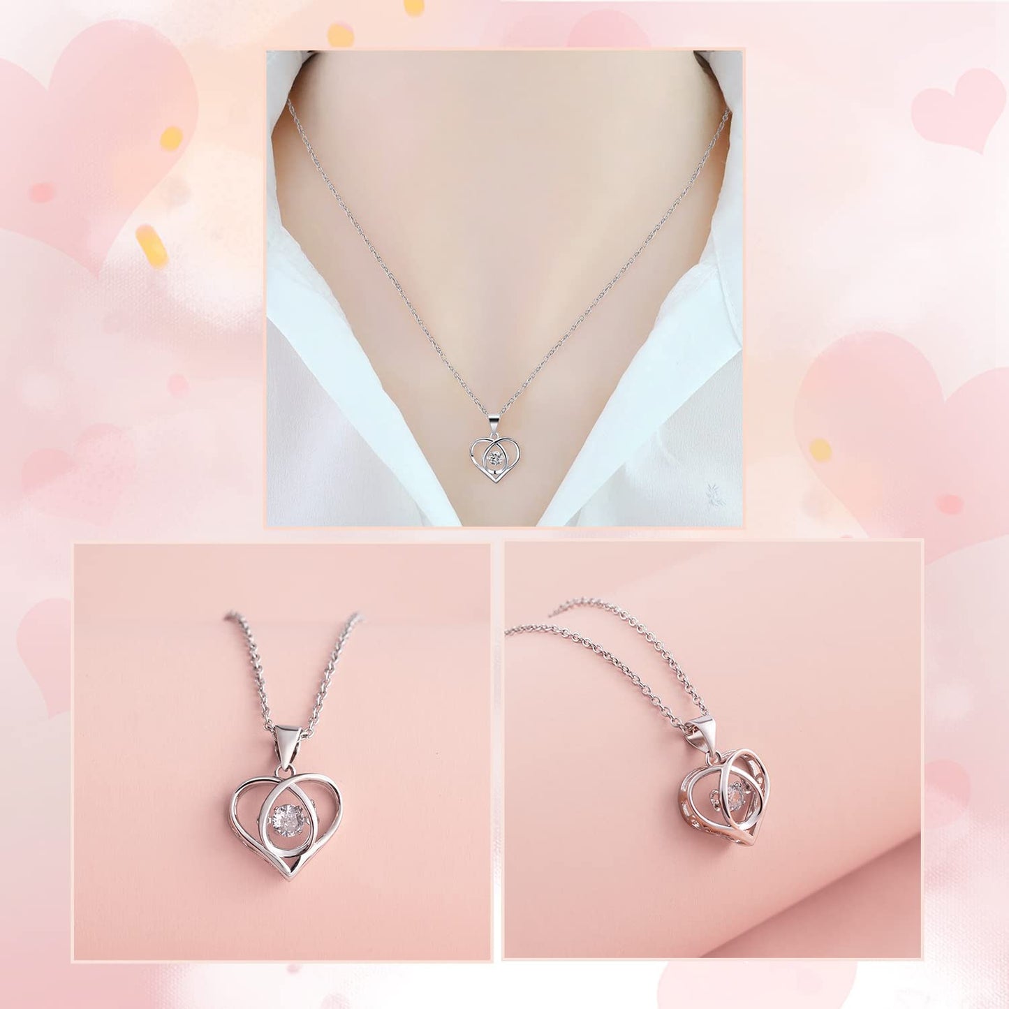 Preserved Real Roses w/ Heart Necklace, Valentines Day Gifts for Her, Forever Rose (Sweet Pink)