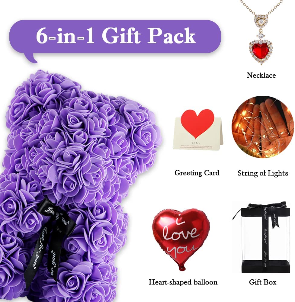 Purple Rose Bear Valentines Day Gifts w/ Box Lights Necklace Balloon Card