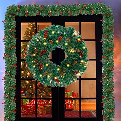 Christmas Decorations 4Piece Set, Pre-Lit Artificial Entrance Trees Set of 2, Wreath & Garlands