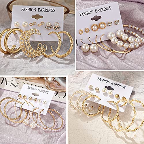 36 Pairs Boho Gold Pearl Link Hoop Stud Drop Dangle Earrings Set
