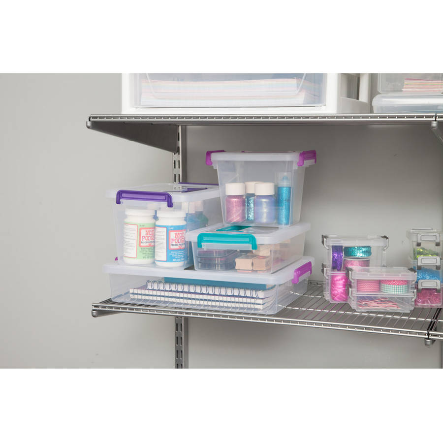 Medium Deep Modular Latching Box - Purple Handle, 6 Pack, Clear