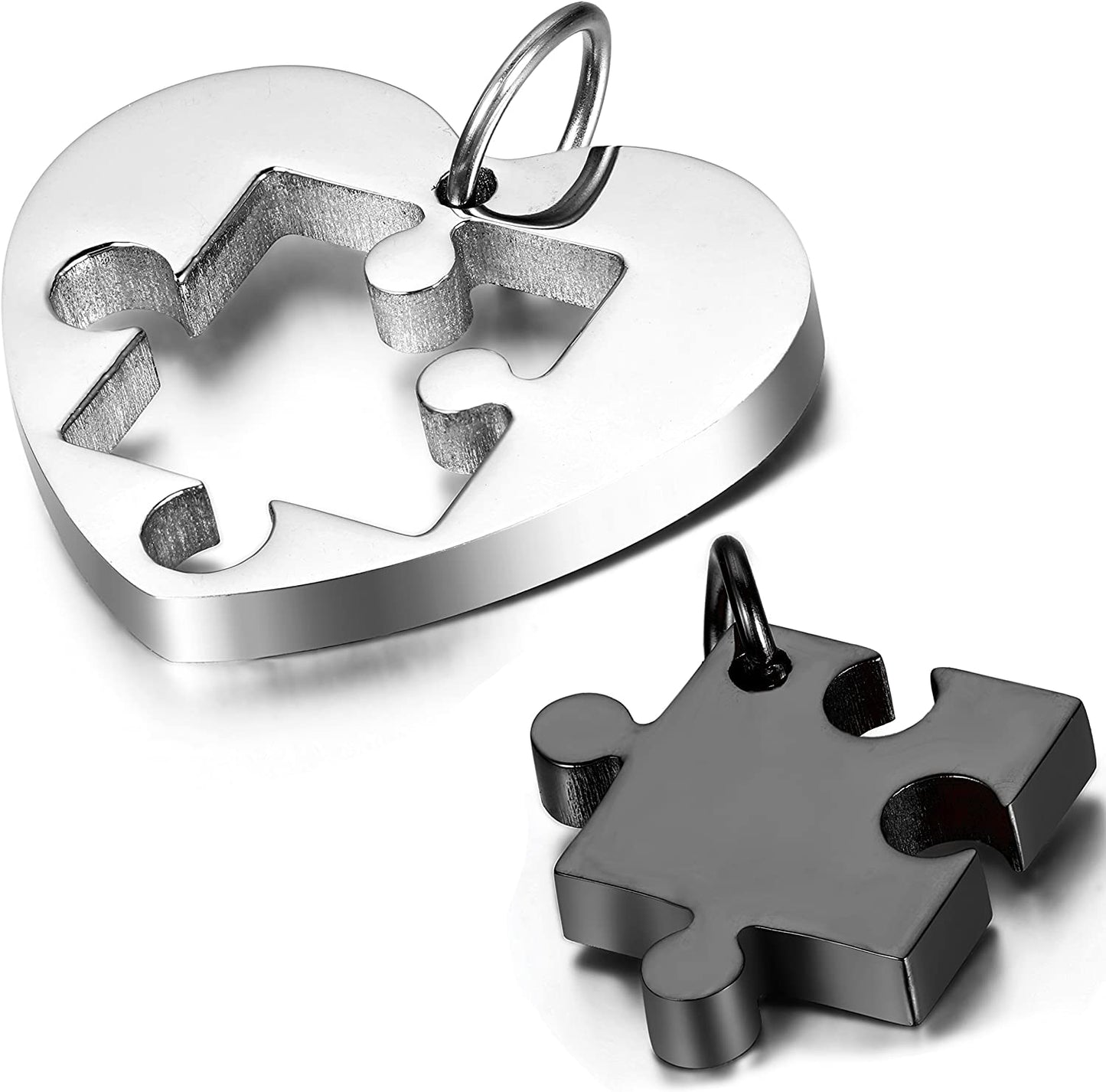 2 Stainless Steel Love Heart Puzzle Matching Pendant Necklace for Couples- Black