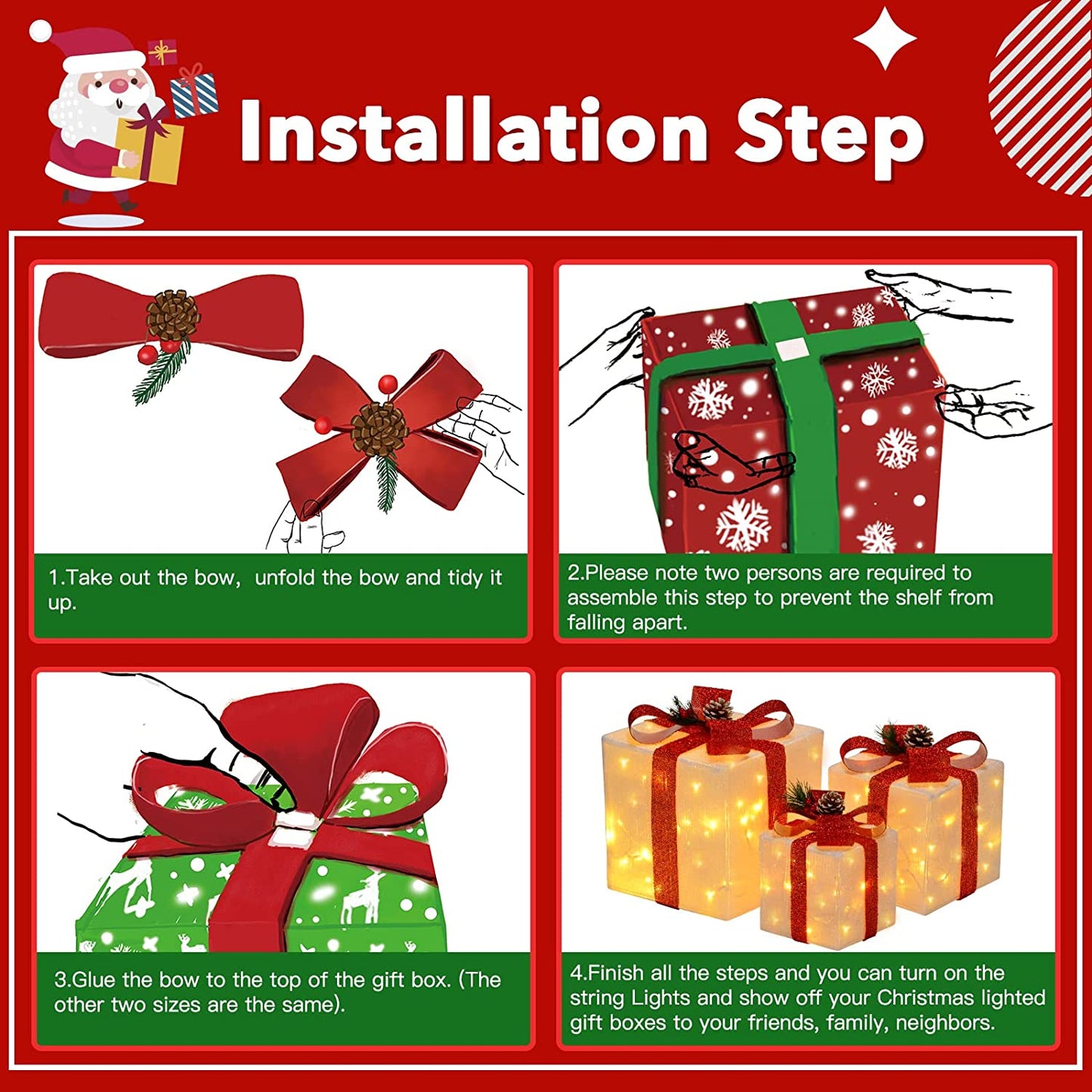 Set of 3 White Christmas Lighted Gift Boxes with Bow and Pinecones