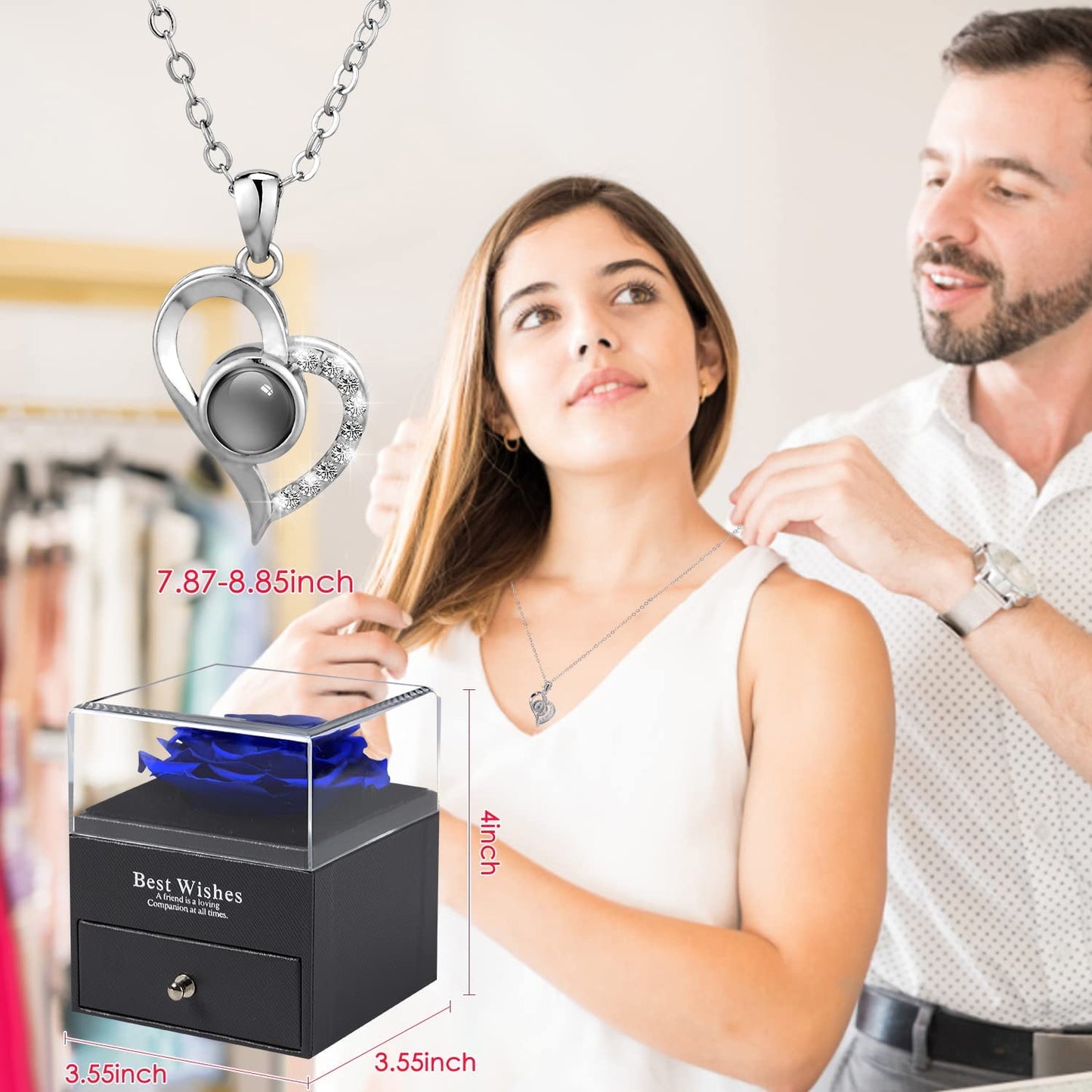 Preserved Real Rose Flower Rose Gifts w/ I Love You 100 Languages Heart Necklace-Blue