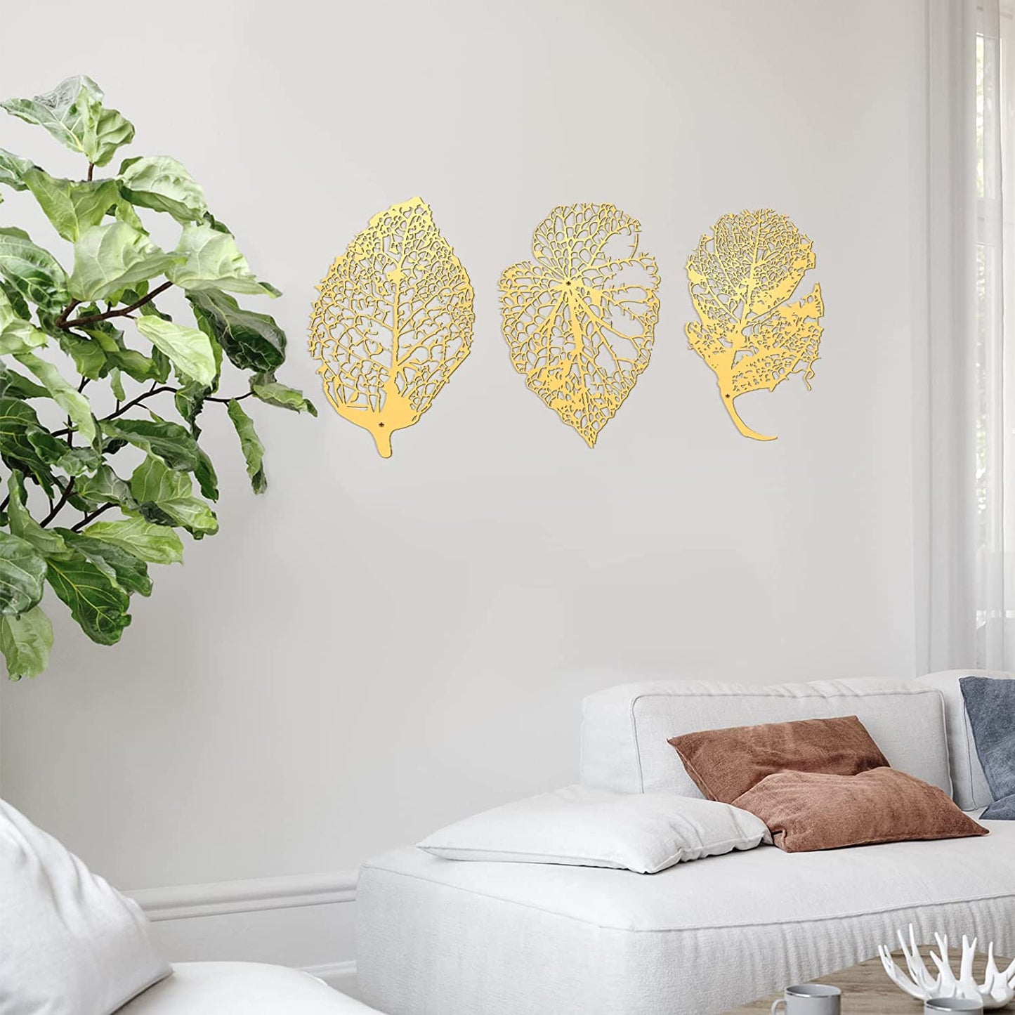 3 Pieces Metal Leaves Wall Decorartion Metal 15.7" x 9.4" (Gold)