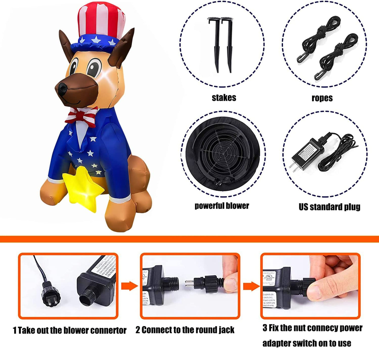 4 FT Patriotic Independence Day Inflatable Dog 4th of July Blow Up Yard Decor w/ LED