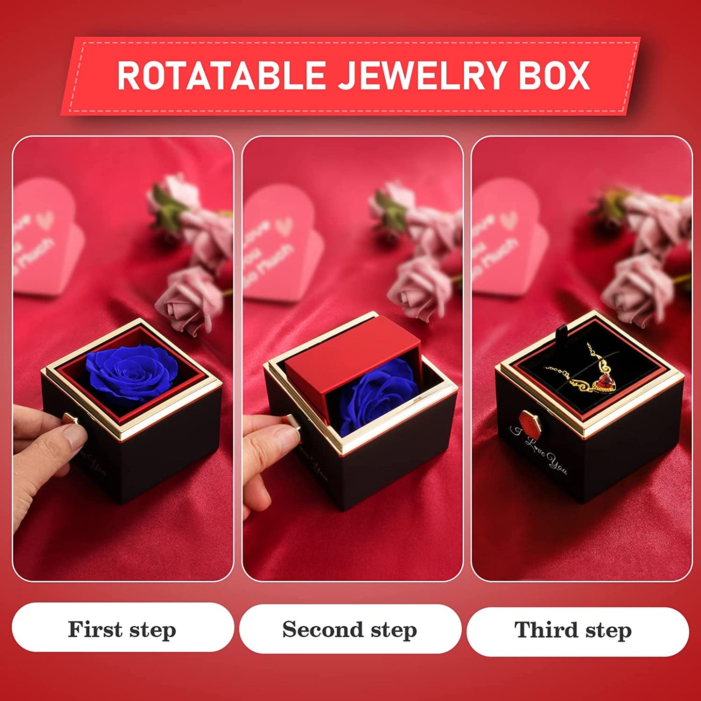 Blue Preserved Rose w/ Heart Necklace - Eternal Flower Rose Gifts for Women Mom Wife