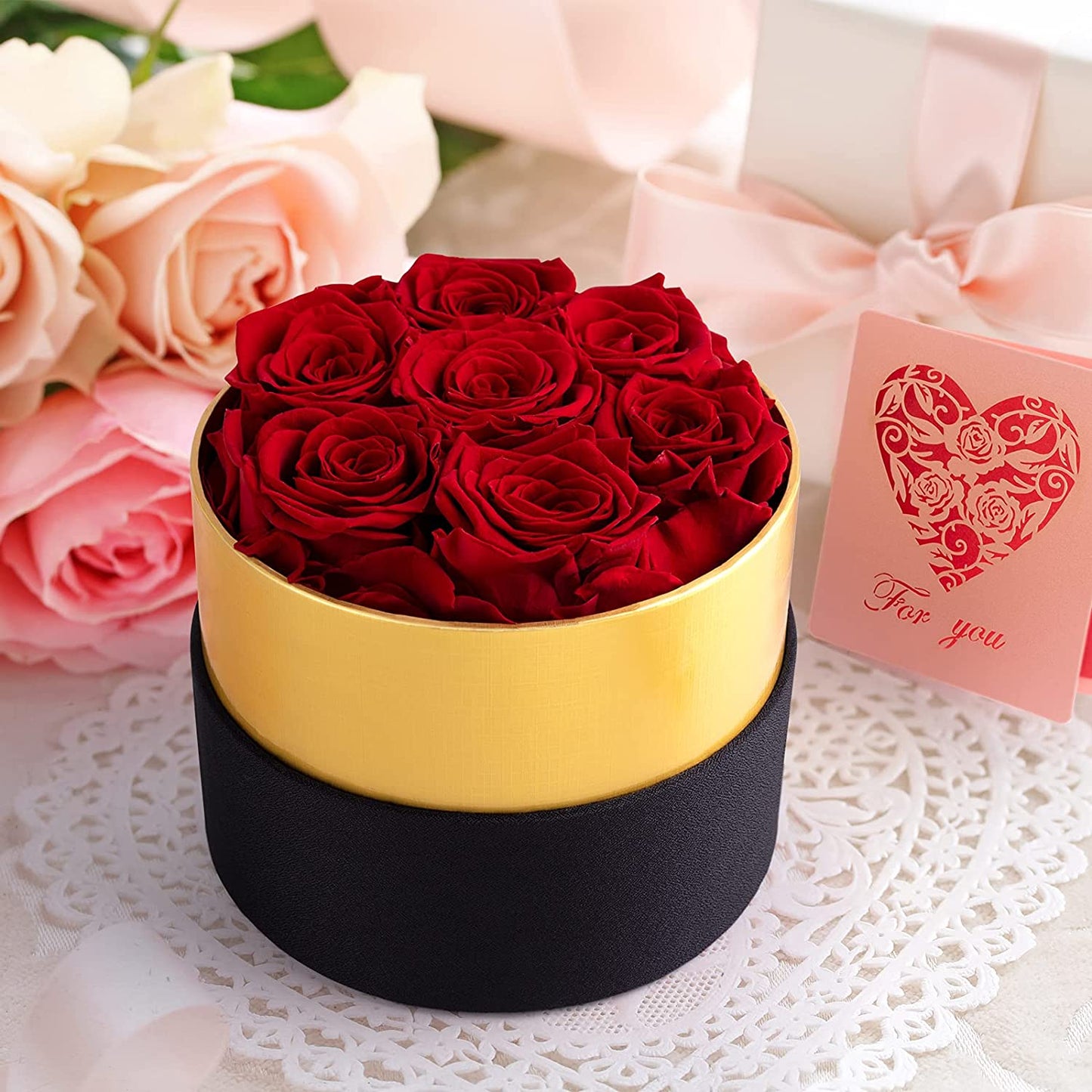 Preserved Real Roses w/ Heart Necklace, Valentines Day Gifts for Her, Forever Rose (Red)