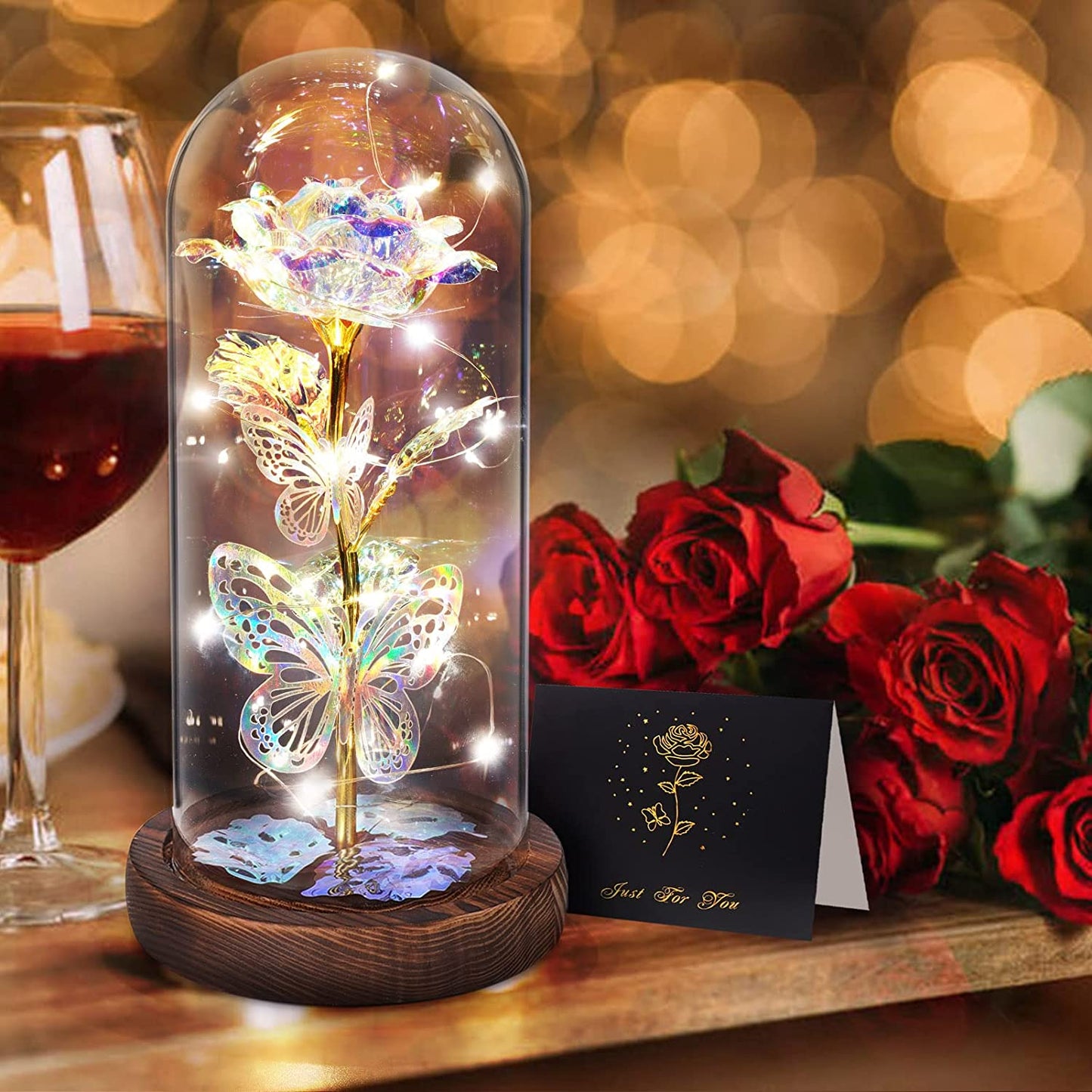 Valentines Day Gifts for Her,Light Up Preserved Galaxy Rose Flower Butterfly in Glass Dome, Silver