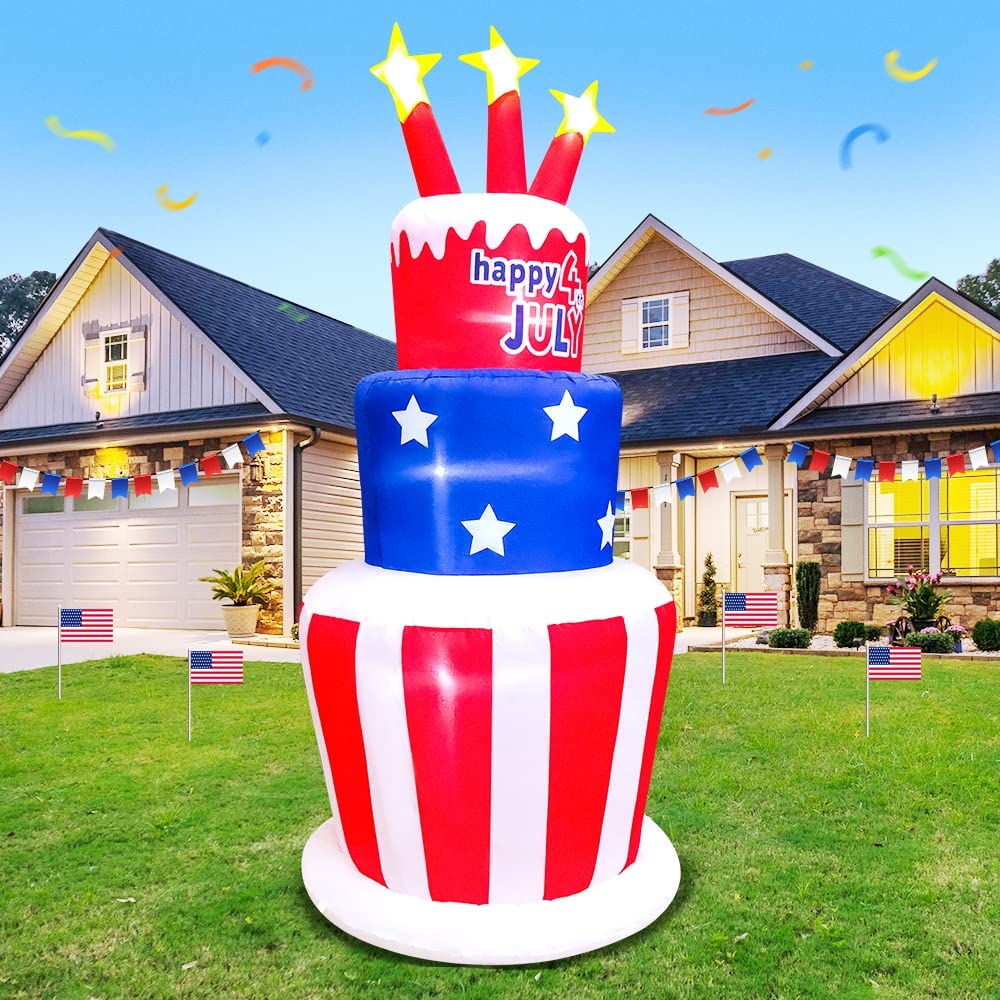 6FT 4th of July Inflatables Outdoor Decorations Cake Lights LEDs