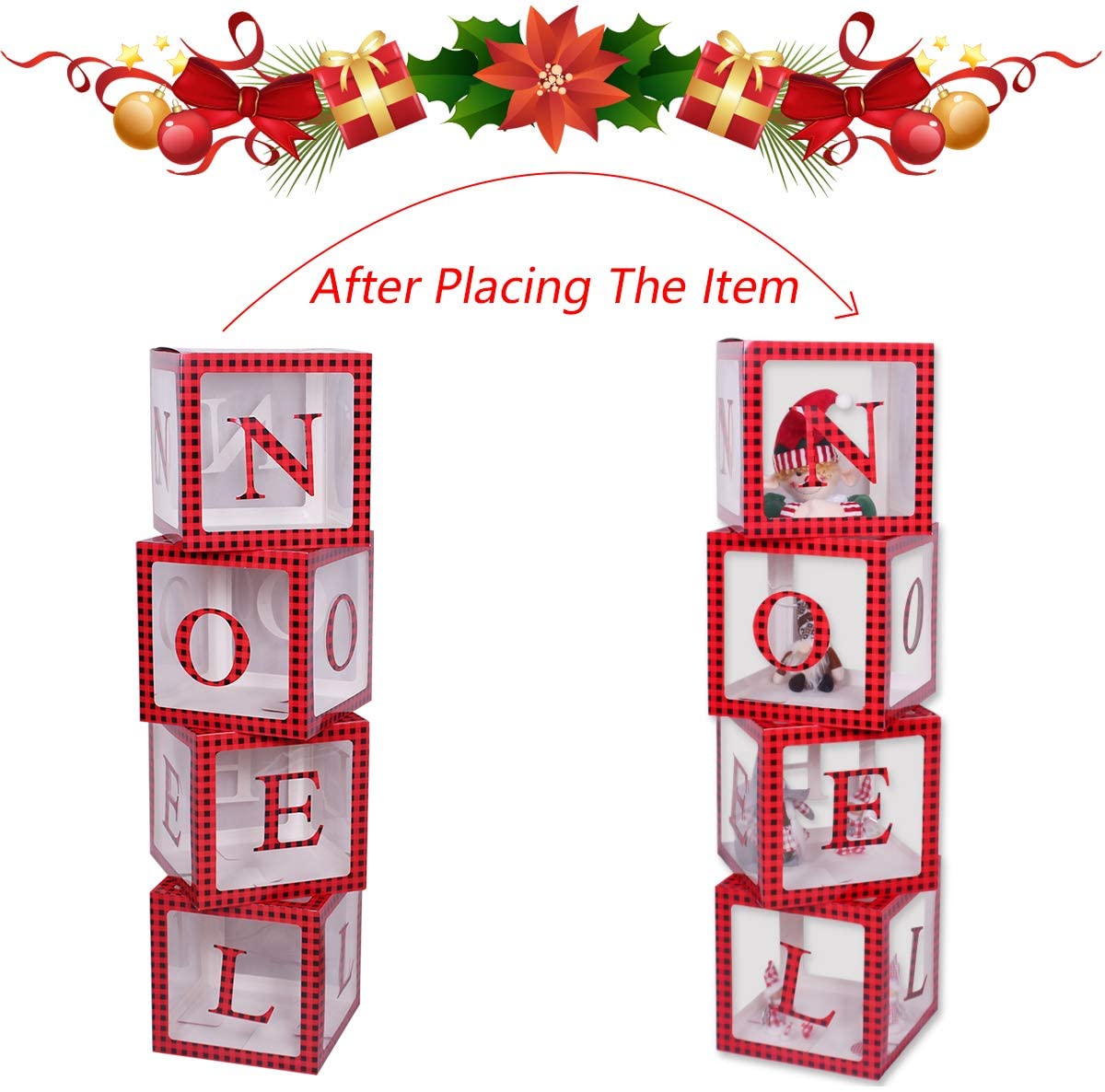 Christmas Decorations Red & Black Buffalo Plaid Transparent Noel Box Blocks Home Decor