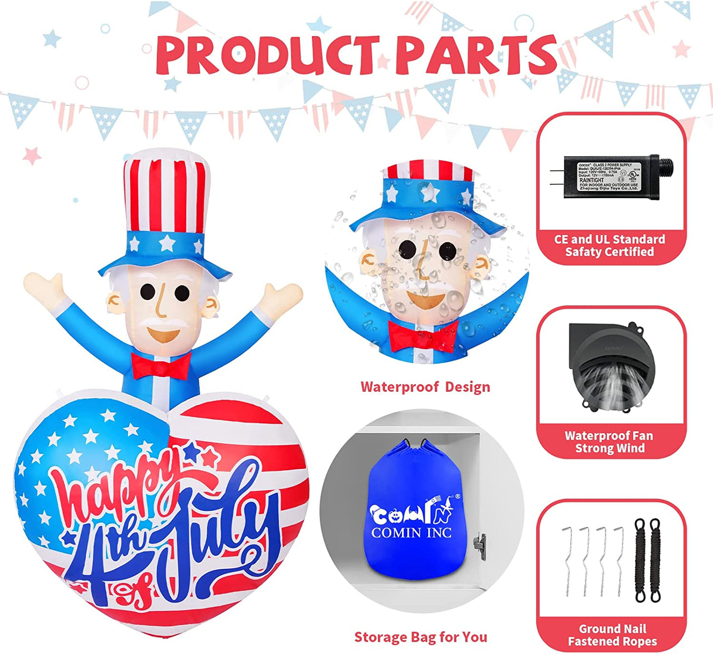 4th of July Inflatable Outdoor 6ft, Patriotic Uncle Sam w/ Heart for Independence Day