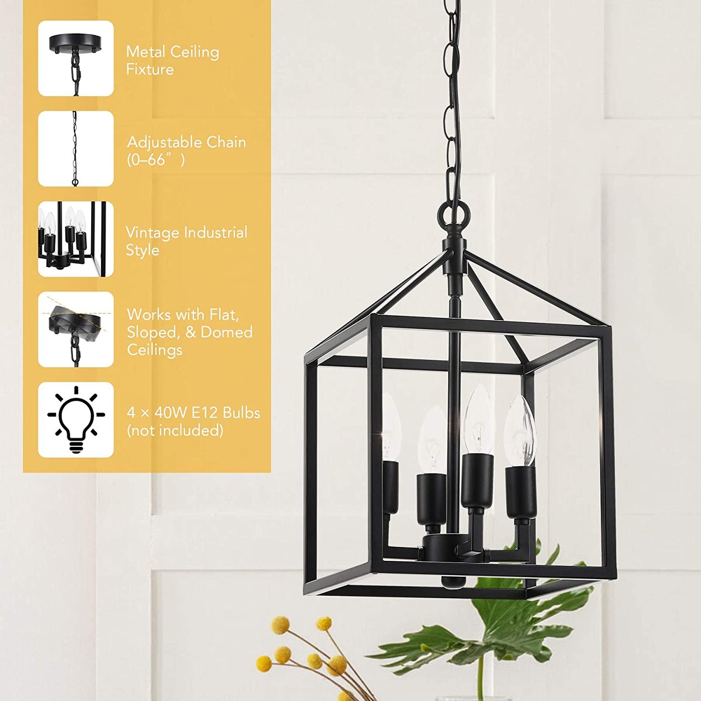 Black Farmhouse Chandelier 4-Light, Industrial Lantern Metal Frame, Rustic Cage