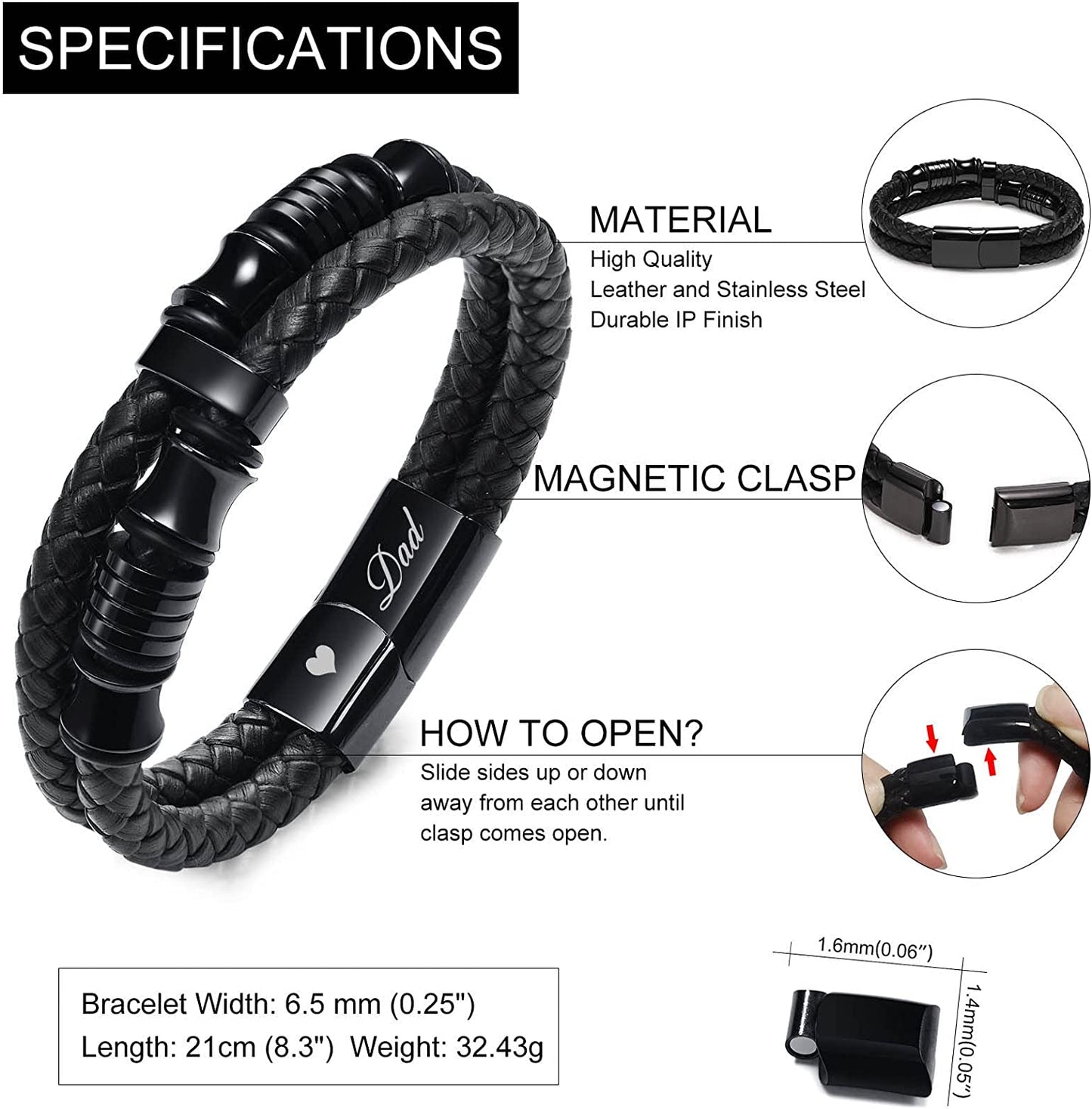 Premium Genuine Leather Bracelet for Dad Son Handsome Black Stainless Steel Magnetic Clasp Bracelet for Father's Day Gift
