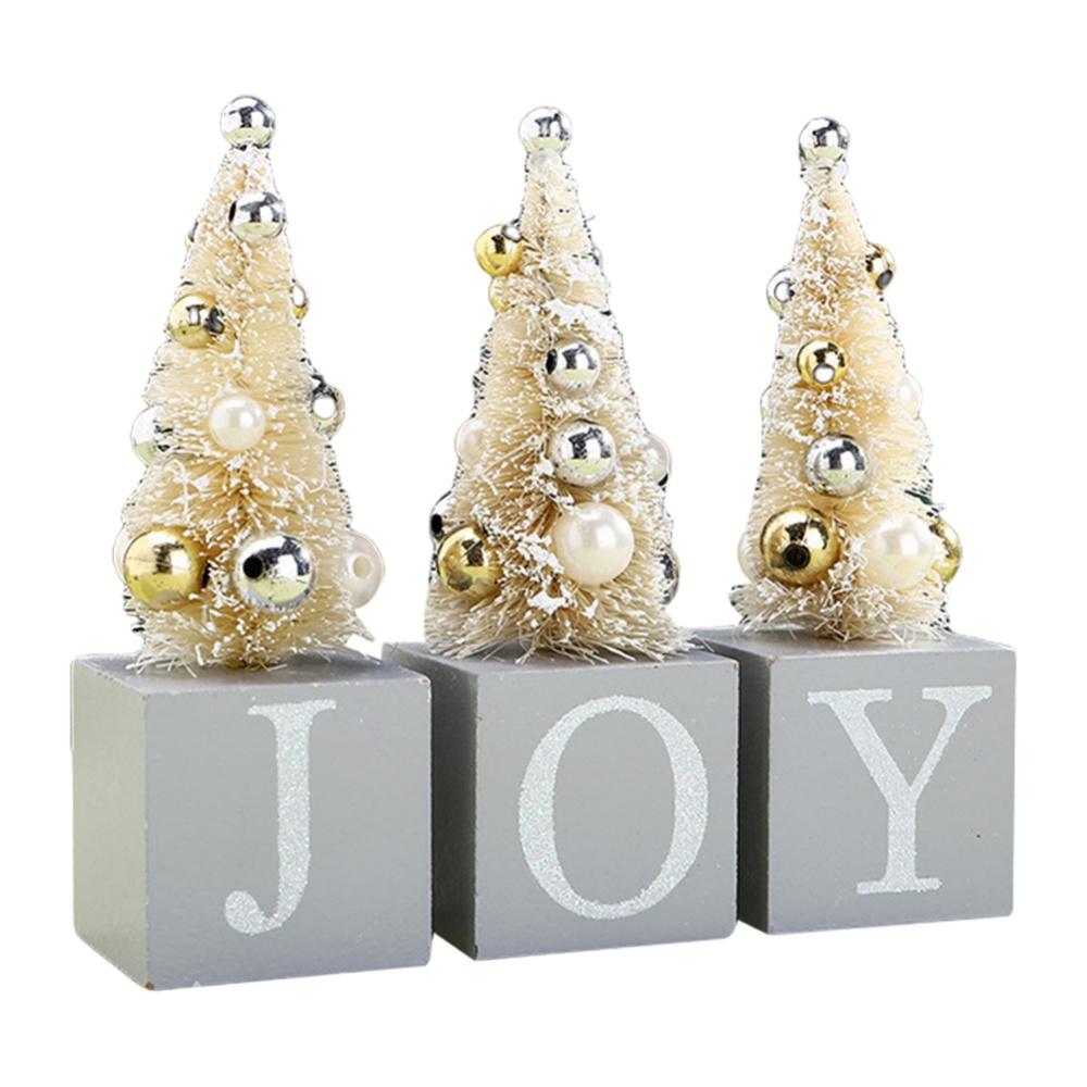 3 Pcs Christmas Tree 12cm w/ JOY Wooden Sign Decoration