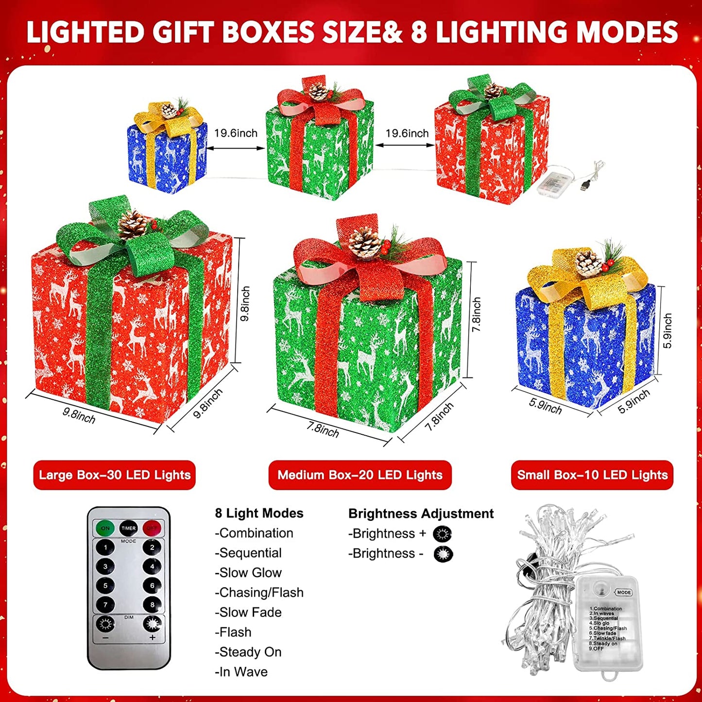Set of 3 Christmas Multicolor LED Light up Present Boxes with Bow and Pinecones