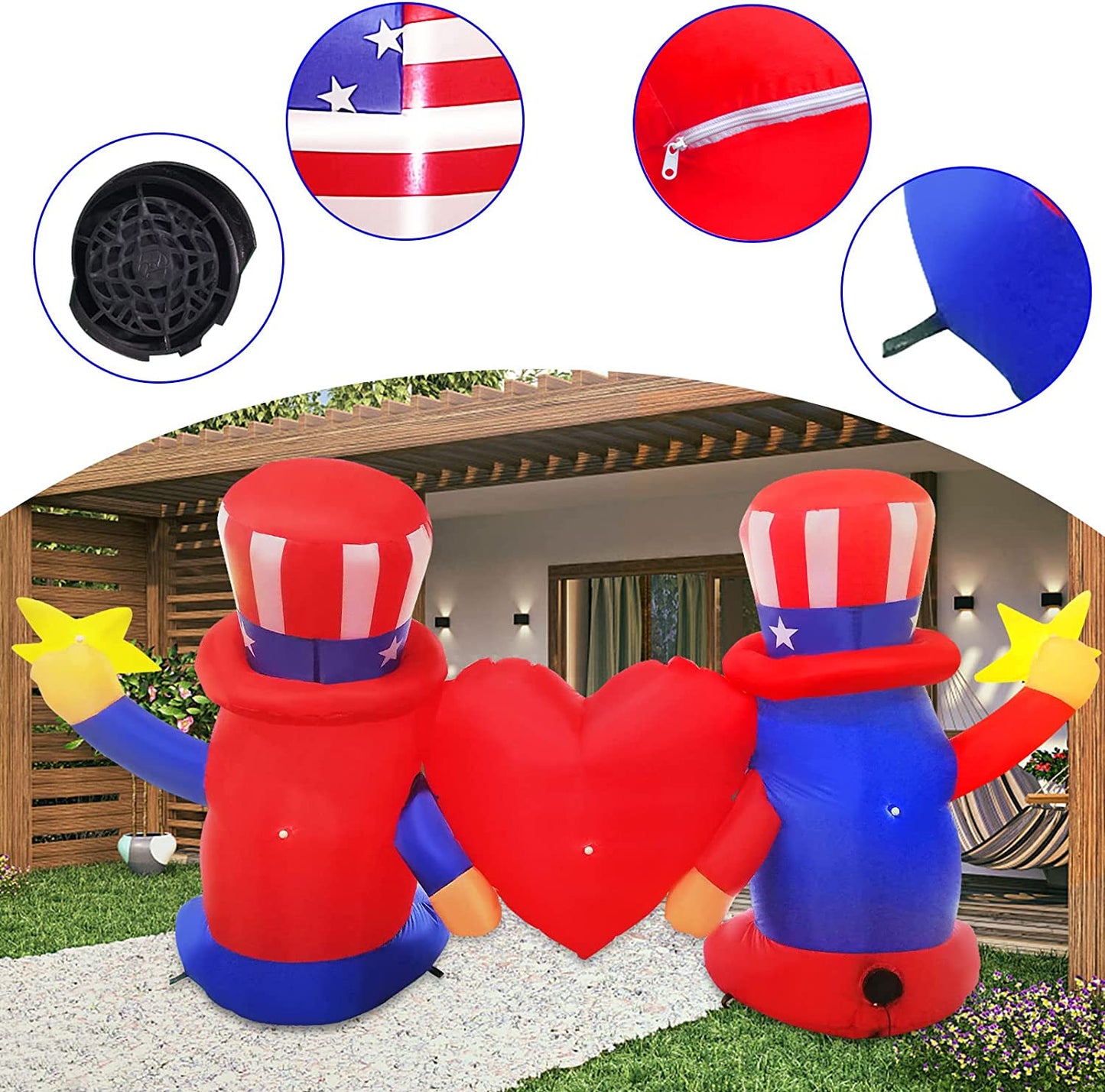 7ft Length Patriotic Independence Day Inflatable,4ft Blow Up Gnome w/ LEDs