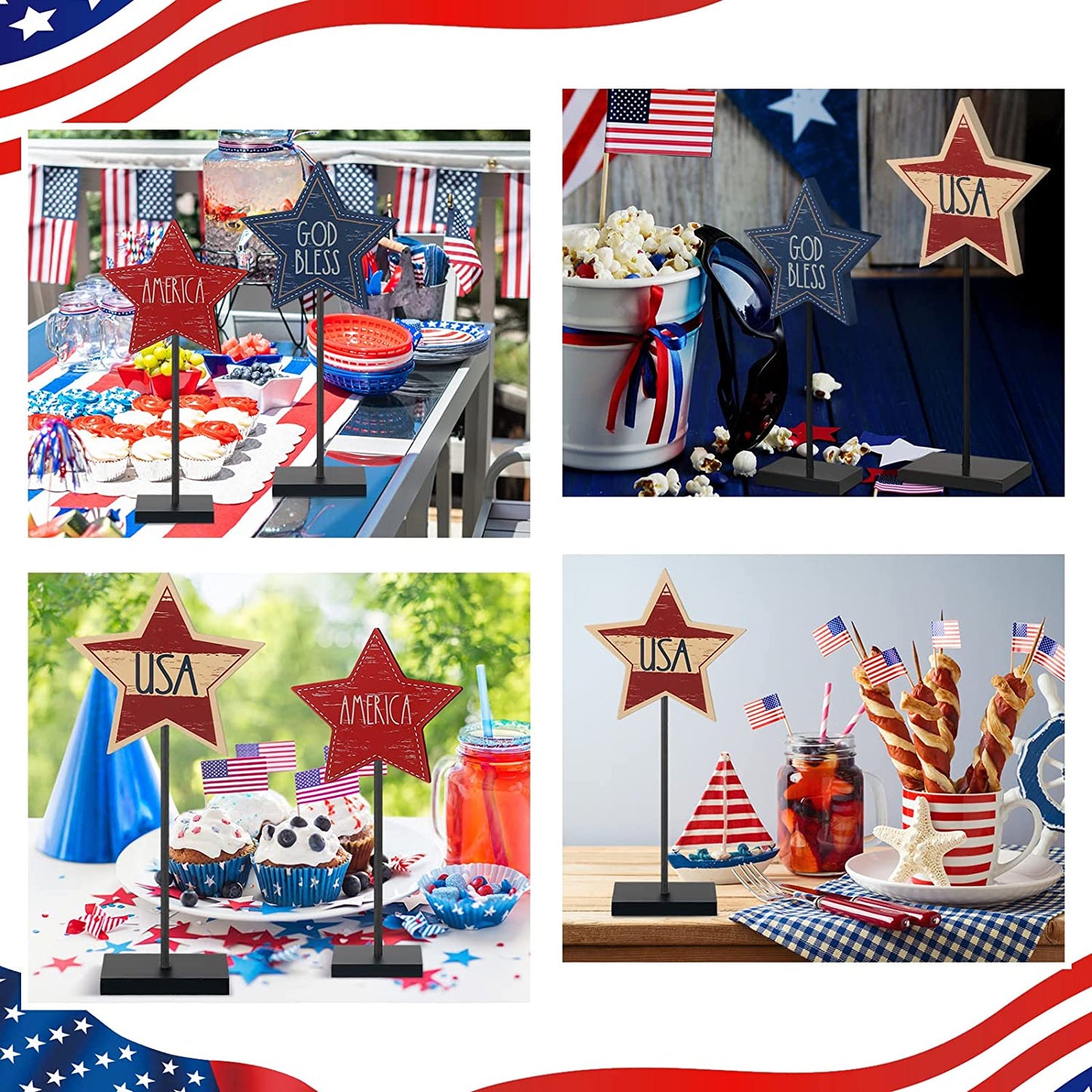 3 Pieces 4th of July Patriotic Decorations Wood Star Decoration (Classic Style)