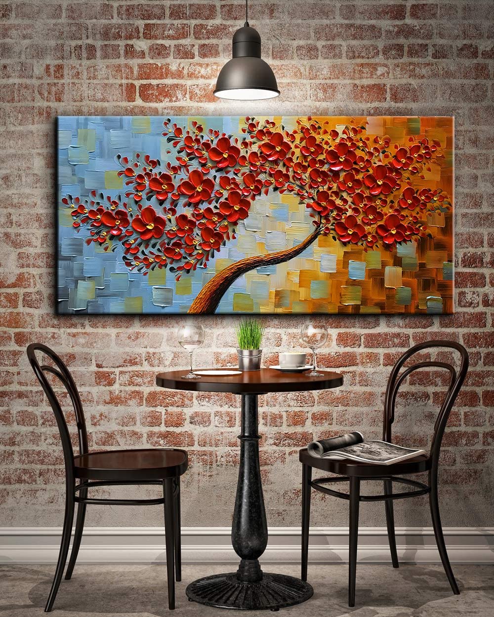 Art -hand Painted Contemporary Oil Painting On Canvas Texture Palette Knife Tree Paintings Modern Home Decor 3D Red Flowers Ready to hang 20x40inch