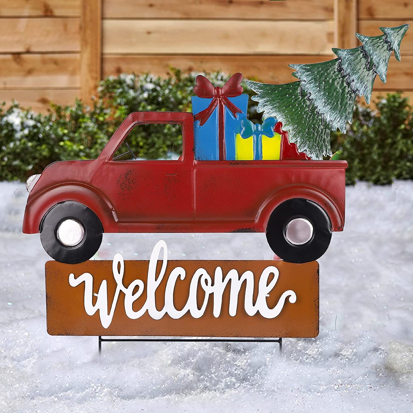 2 in 1 Metal Red Truck Christmas Welcome Signs Decoration