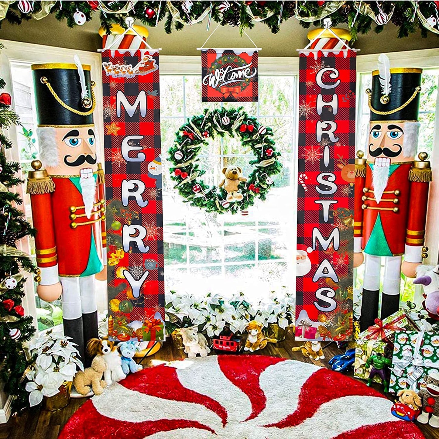 3 PCS Hanging Welcome Christmas Decor Porch Sign Door Decorations for Front Door