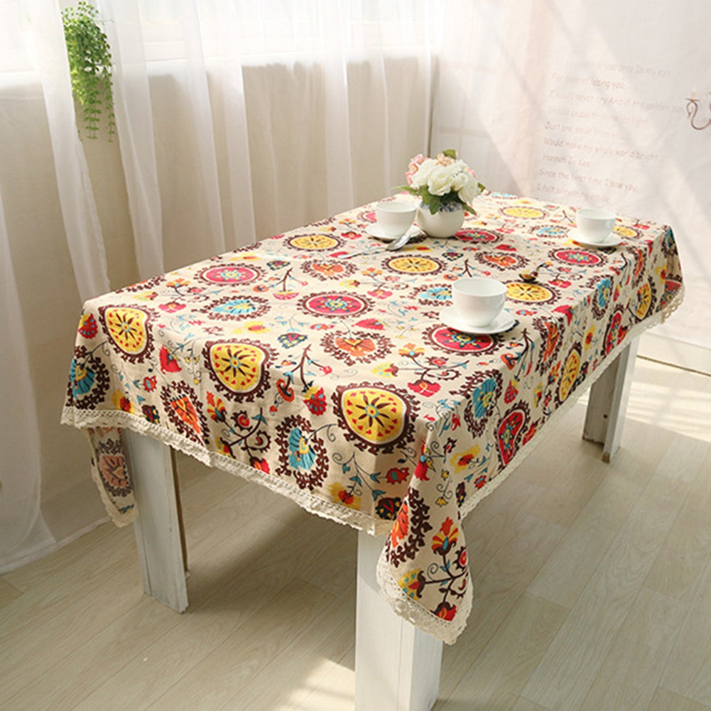 Boho Patchwork Floral Lace Decorative Linen Tablecloth