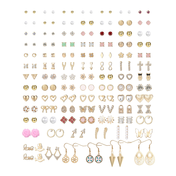 90 Pairs Assorted Multiple Small Cute Bar Geometric Arrow Bow Stud Earrings Sets