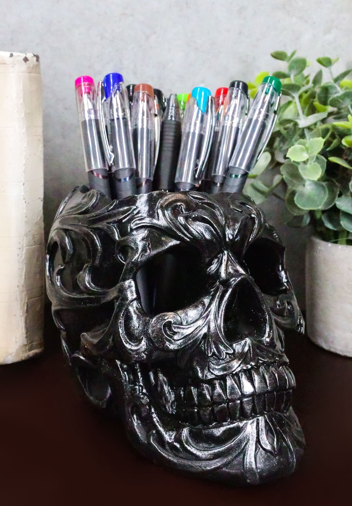 Tribal Tattoo Floral Skull Pen Holder Figurine 5.75"L