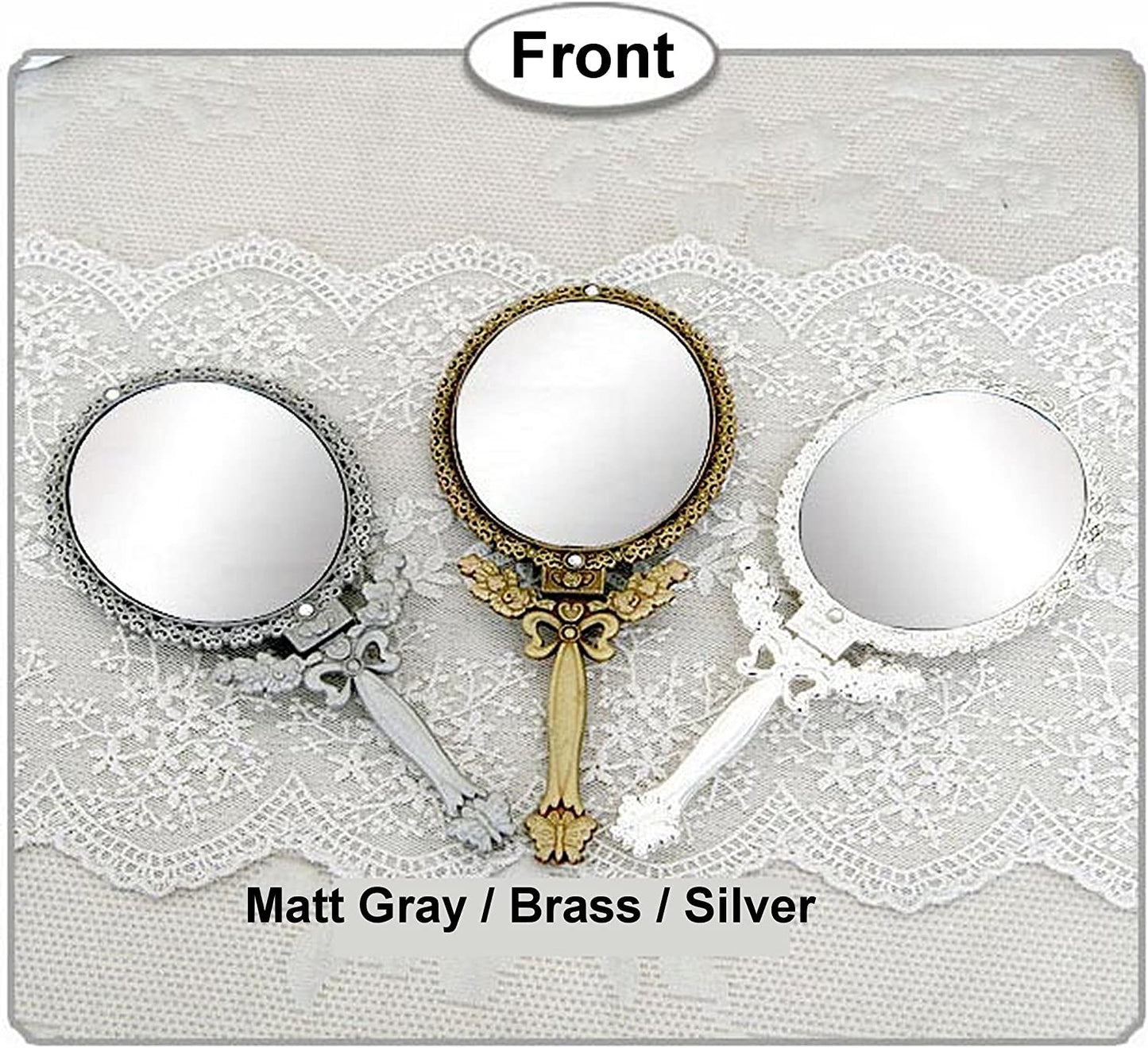 Butterfly Designed Double Sided Magnification Hand Held Makeup Metal Mirror Folding Handle (Large, Brass)