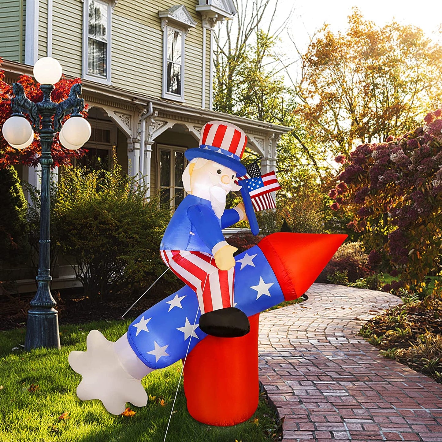 5.6 FT Patriotic Independence Day 4th of July Uncle Sam on Rocket w/ LEDS