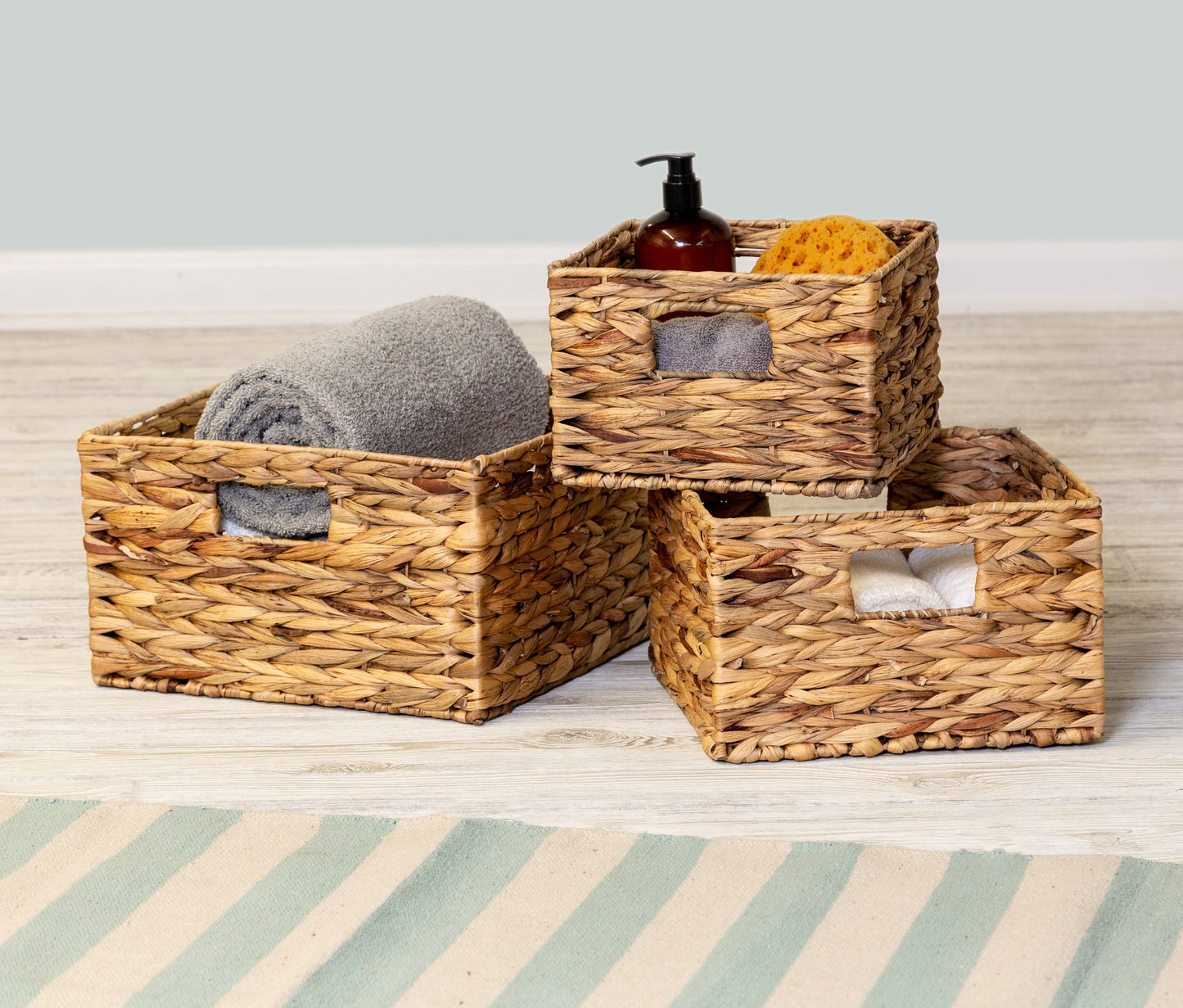 Three Water Hyacinth Woven Nesting Storage Baskets w/ Handles