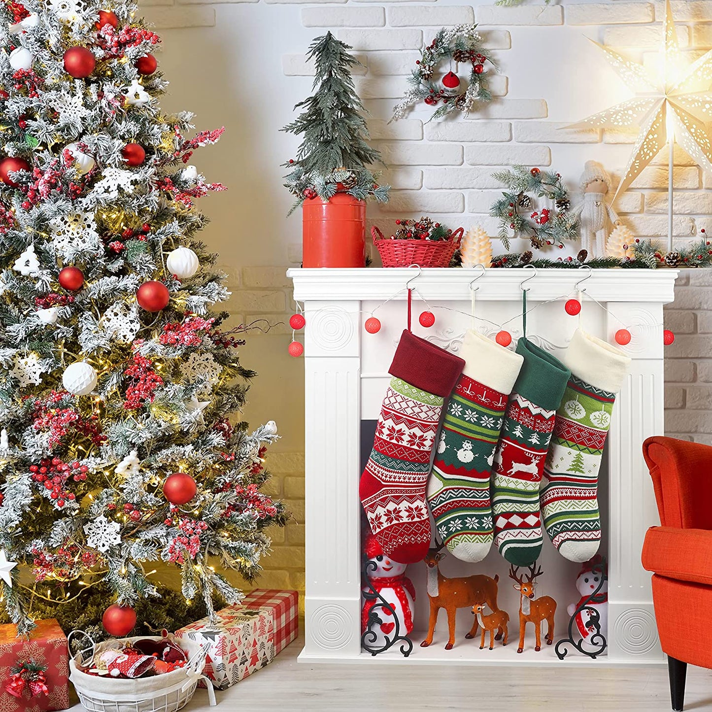 4 Pack Knit Christmas Stockings 22 Inches Snowflake Reindeer Snowman Personalized Cable Knit Stockings for Christmas