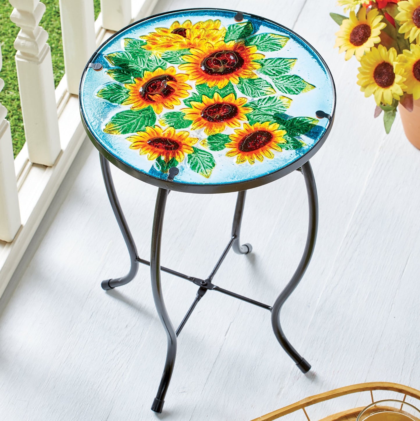 Bright & Cheerful Sunflowers Round Glass Top Accent Table
