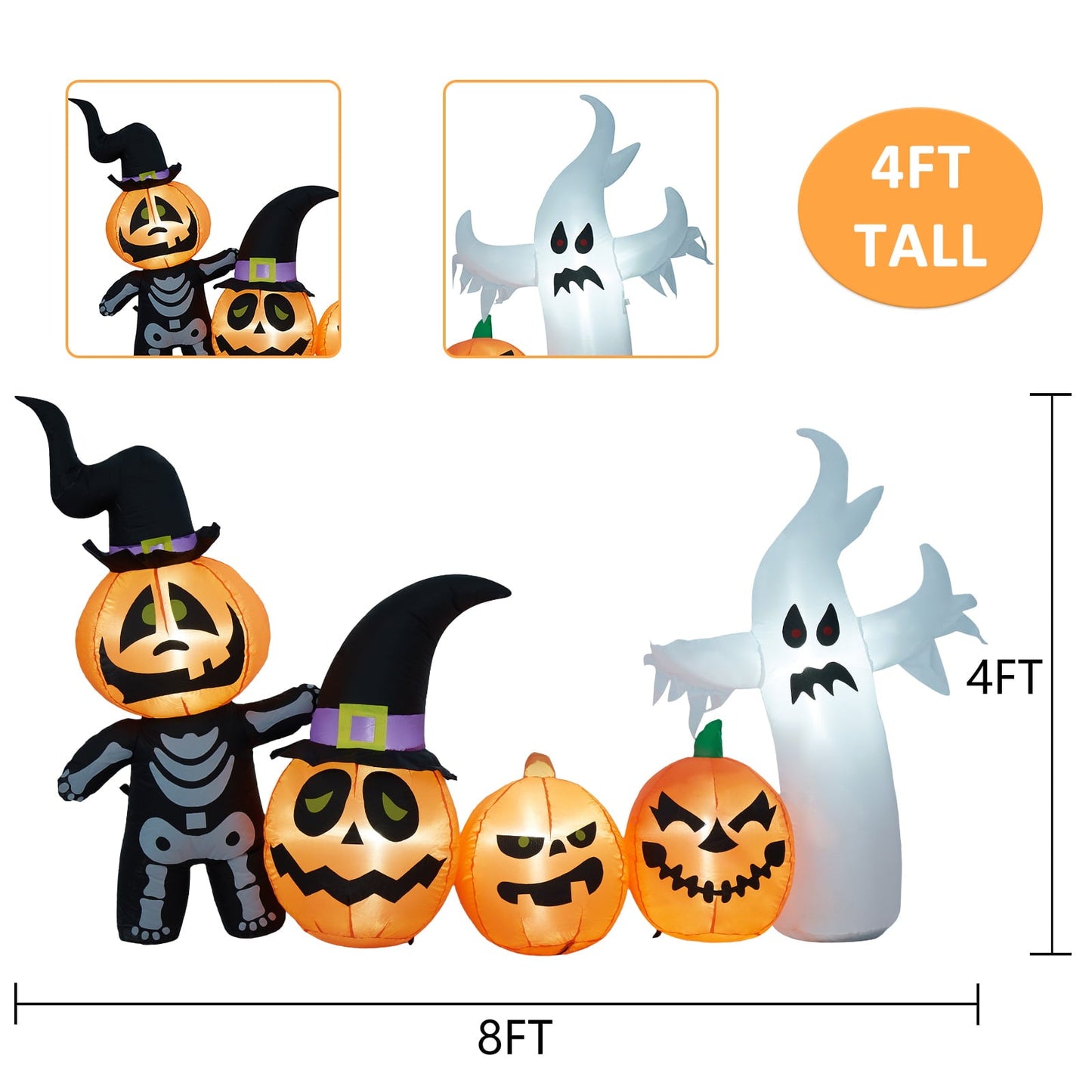 8 Ft Halloween Pumpkin Family & a Ghost Blow up Decoration w/ LED