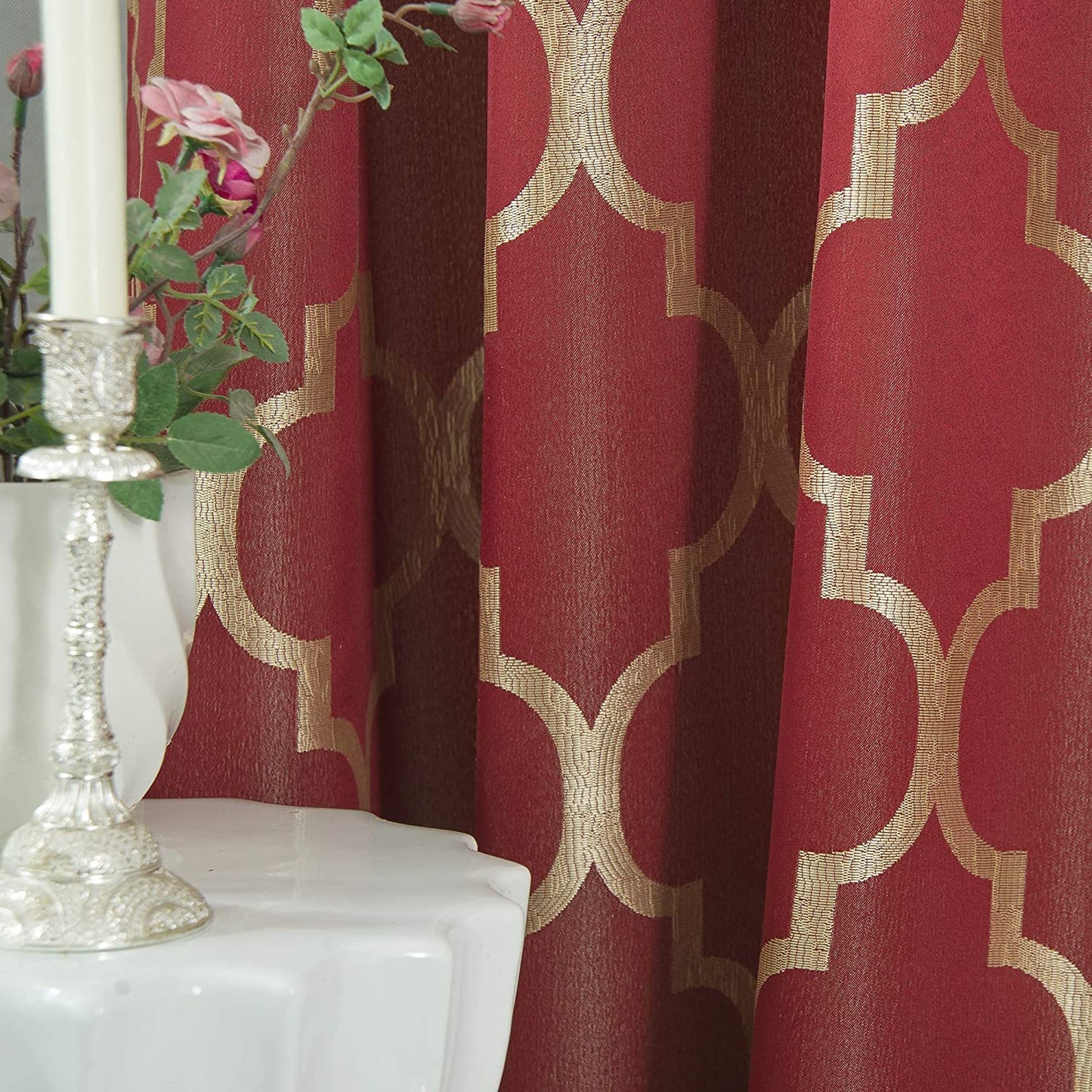 Elegant Comfort Quatrefoil Jacquard Look Curtains w/ Pleated Attached Valance