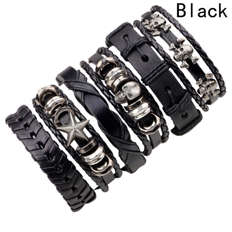 6pcs set Punk Skull Braided Leather Handmade Bracelet for Men/Women