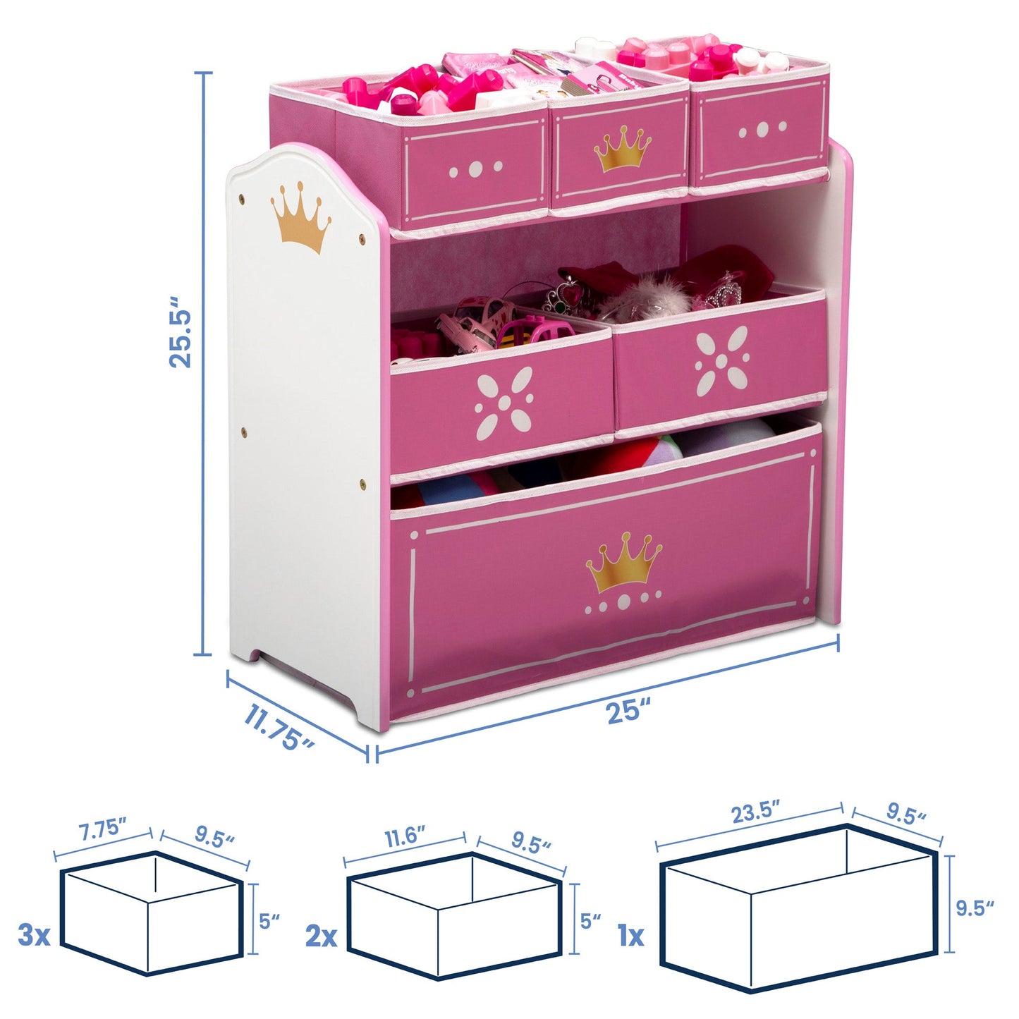 Princess Crown 6 Bin Design and Store Toy Organizer, White/Pink