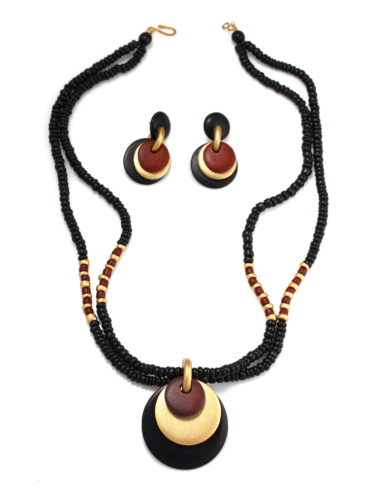 WOMEN'S OLD BROWN & BLACK WOOD SEED BEAD EARRINGS & NECKLACE SET