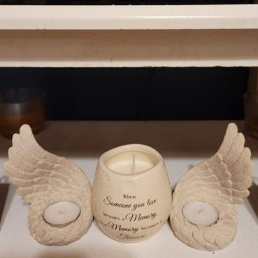Angel Wings Tealight Set | Sympathy and Memorial Candle Holder Figurine, Spiritual Home Decor, Christian Gifts, Beige