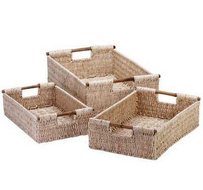 Woven Corn Basket, Set of 3 Rectangular Storage Organizer |Decorative and Eco-Friendly Container Bins Boxes with Bamboo Handle