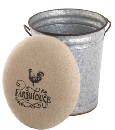 Padded Farmhouse Stool, Rustic Bar Stool with Lid Storage Bin, Farmhouse Furniture, Galvanized Kitchen Counter, 18.5" High