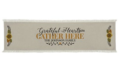 Grateful Hearts Table Runner | Custom Family Name Kitchen Dining Table Linen, Home Decor, Personalized Housewarming Gift, 70"L