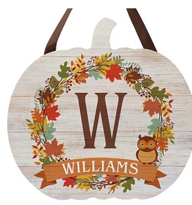 Personalized Autumn Initial Hanging Rustic Wood Sign | Halloween Pumpkin Thanksgiving Plaque Wall Art
