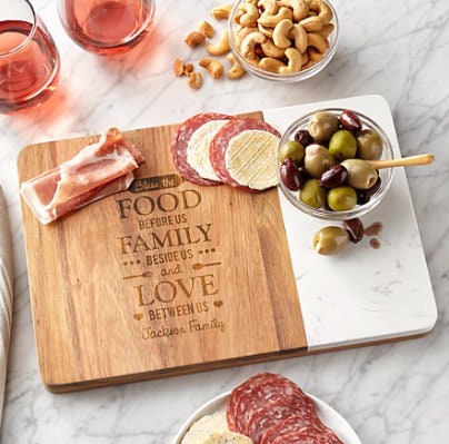 Personalized Happy Home Marble Wood Server, Charcuterie Platter Serving Board Cheese Tray, Wedding, Housewarming, Bridal Shower Gift