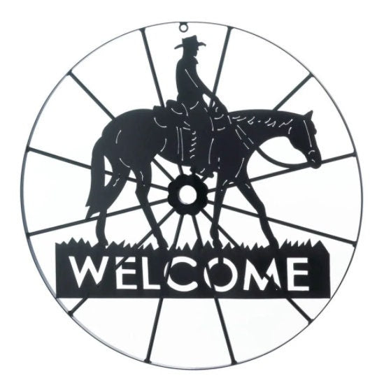Cowboy Rustic Ranch Welcome Wheel Sign and Metal Wall Décor | Western Country Themed Home Decoration, 23.75"L x 0.75"W x 23.75"H