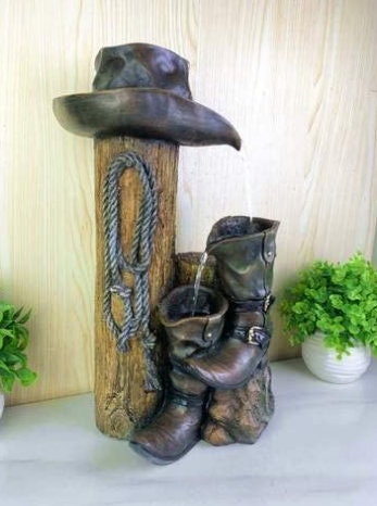 Wild Western Cowboy Hat Boot Water Fountain | Rustic Yard and Garden Outdoor Decoration