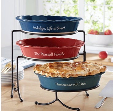 Ceramic Stoneware Pie Baking Dish - Personalized, Pie Plate for Cooking Kitchen Dessert Pies, Gift For Mom, Grandma Bakers, Red Navy Teal