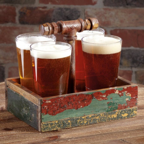 Rustic Drink Caddy w/ Handle Beer Wine Condiment Holder Handcrafted from Reclaimed Wood Drink Carrier for Bar Party Foodtrucks Country Style