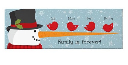 Cheery Snowman Bird Family Canvas Personalized, Christmas Wall Art Hanging Ornament, Funny & Unique Holiday Gift for Family, 9"x27"