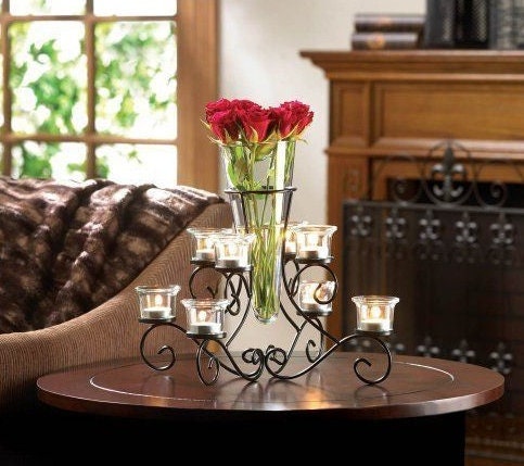 Scrollwork Candle Stand with Tapered Glass Flower Vase for Dining or Wedding Table Centerpiece, 6-cup Wrought Matte Black Metal Candelabra